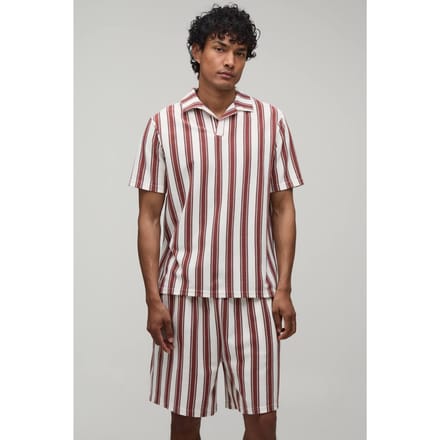 Regular Fit Gestreept Revere Polo & Shorts Set | Brown | Size Medium