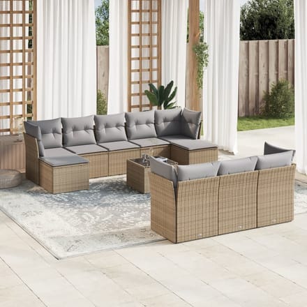 vidaXL - 11-delige - Tuinset - met - kussens - poly - rattan - beige
