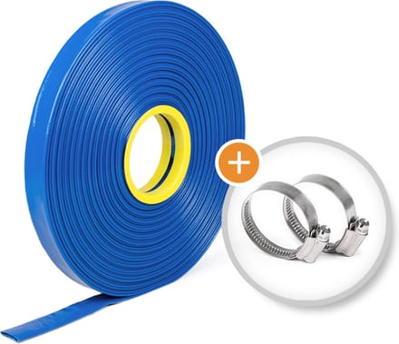 Rubbermagazijn - Verstevigde - platte waterslang - Rol 10m - Ø 35mm - Incl. 2x Slangklem - Flexibel & Scheurvast