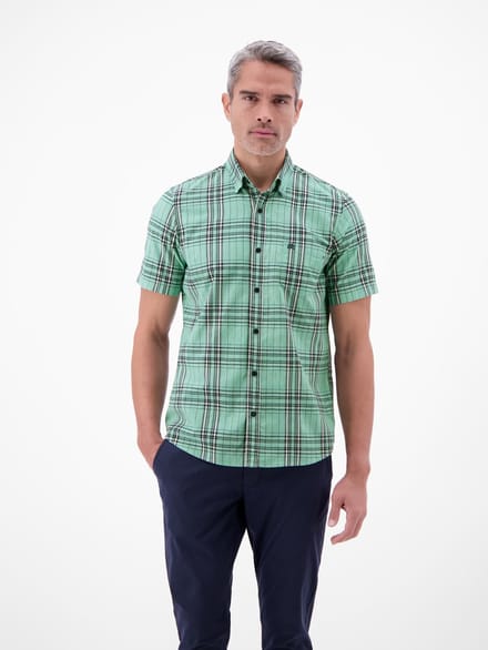 LERROS Geruit herenhemd met korte mouwen en structuur , Maat: M , Kleur: MINT WATER , 76% katoen, 24% polyester