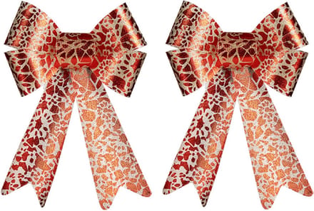 Krist+ kerstboomversiering strikken - 2x stuks - rood/creme print - 15 x 25 cm - kerststrikken