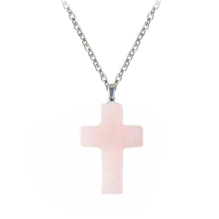 Fako Bijoux® - Ketting - Kruisje - Rozenkwarts - Natuursteen - 18x25mm - 50cm