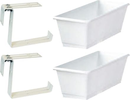 Set van 2 kunststof plantenbakken wit rechthoekig 60 cm met 4 verstelbare railing beugels