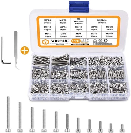 1110 Delen M3 Zeskantschroeven Set met Moeren en Sluitringen - RVS 304 Assortiment