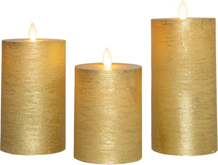 Anna's Collection LED kaars oplaadbaar flame effect rustiek set 7.5 cm goud 3 stuks