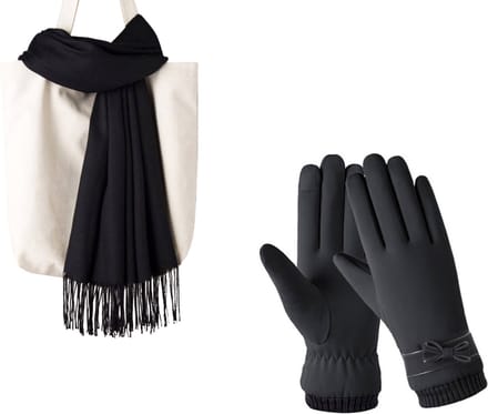 Winterset Zwart - Zwarte Sjaal 200*70cm + Zwarte Handschoenen Maat M