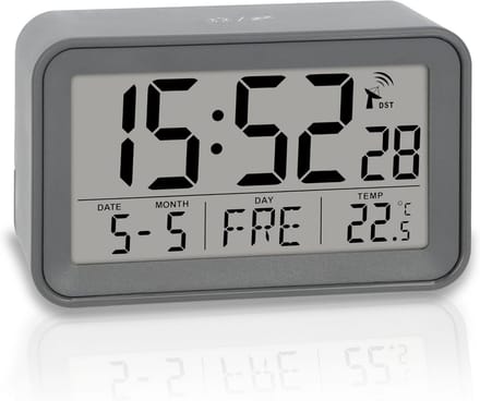 Digitale Wekker - Reiswekker Klok - Nauwkeurig Tijd Bijhouden - Radio Gestuurd Signaal - Compact Formaat - Mat Grijs