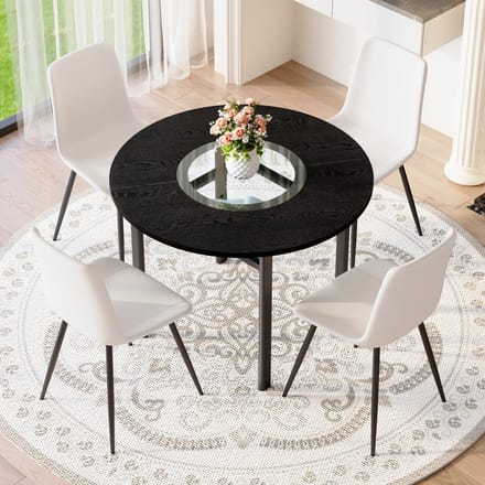 MODFU - Eettafelset - Rond - Met 4 Stoelen - Modern - Voor Eetkamer - MDF Metaal En Kunstleer - Zwart En Wit - 100 Cm