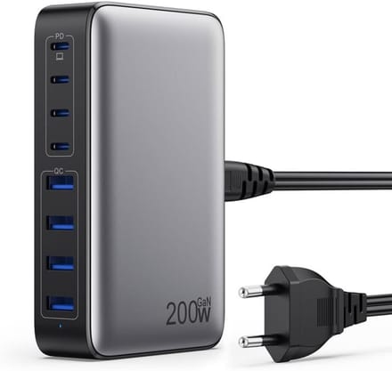 Zwarte 200W GaN III USB-C Snellader (EU) – 8-Poort PD/QC/PPS Multi-Oplader, Geschikt voor MacBook Pro/Air, iPhone, iPad Pro, Galaxy, SteamDeck