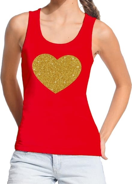 Bellatio Decorations Gouden hartje glitters - tanktop / mouwloos t-shirt - rood - voor dames M