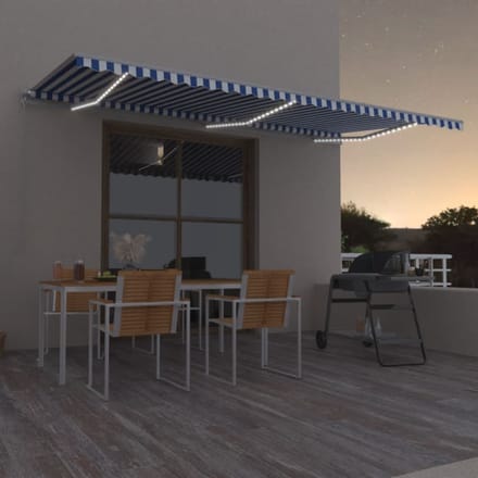 vidaXL - Luifel - handmatig - uittrekbaar - met - LED - 600x350 - cm - blauw - en - wit