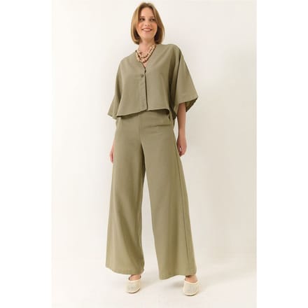 V-hals Tuniek en Wijde Pantalon Twee-Delige Set