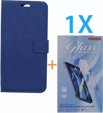 Bookcase Geschikt voor: Apple iPhone 16 Pro Max - Blauw - portemonnee hoesje - + 1X Tempered Glass Screenprotector