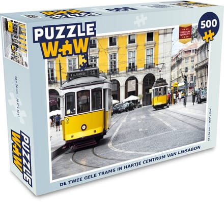 Puzzel De twee gele trams in hartje centrum van Lissabon - Legpuzzel - Puzzel 500 stukjes