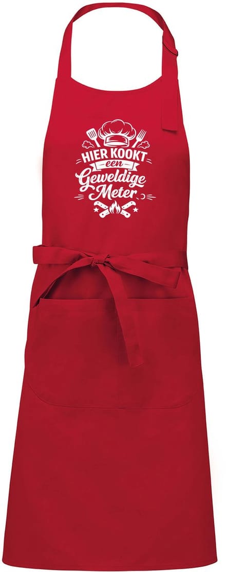 mijncadeautje - luxe schort - hier kookt een geweldige meter - rood - opdruk wit