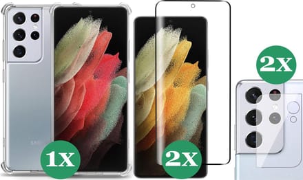 Hoesje geschikt voor Samsung Galaxy S21 Ultra - 2x Screenprotector & 2x Camera Screen Protector - Transparant Shock Case