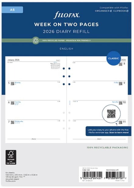 Filofax 2026 A5 Recycled Paper Diary - Week On Two Pages