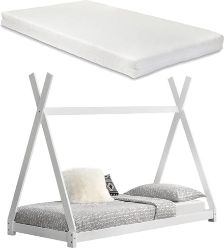 Juniorbed - Tipi met bedbodem en matras 90x200cm - wit