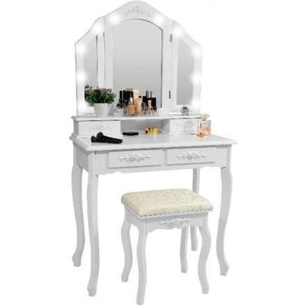 Witte houten kaptafel met spiegel en kruk, verlicht door LED - 75x40x144 cm wit