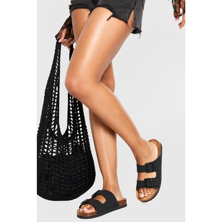 boohoo Dames Double Strap Footbed Buckle Sliders | Zwart | Maat: 37