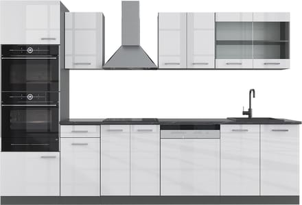 Vicco R-Line Complete keukeneenheid – 300 cm met hoge kast, WB Eik Wit hoogglans/antraciet