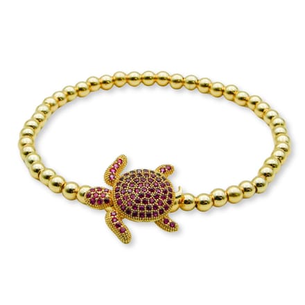 Marama - Armband Schildpadje Roze - dames - elastisch - stainless steel - strass kralen - gold plated - schildpad bedel