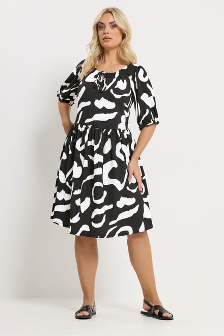 Yours Zwarte Abstracte Jurk Met Strik Aan De Voorkant Size 50-52