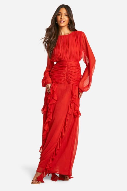 boohoo Dames Crinkle Chiffon Ruffle Maxi Jurk | Russet | Maat: 36
