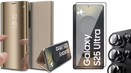 Hoesje geschikt voor Samsung Galaxy S25 Ultra - Screenprotector Glas & Camera - Spiegel Book Case Goud