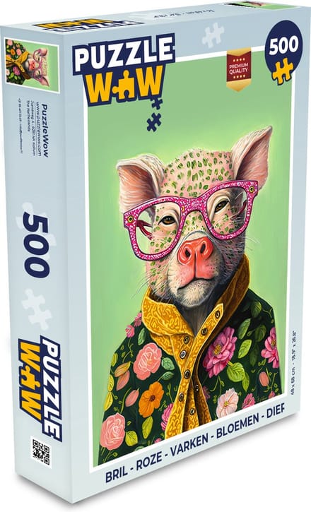 Puzzel Bril - Roze - Varken - Bloemen - Dier - Legpuzzel - Puzzel 500 stukjes