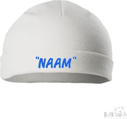 Soft Touch Mutsje Rolmutsje Bedrukt "Met Eigen Naam"Lettertype BONOCO Wit/blauw Maat 0-3 maanden Maat 56/62