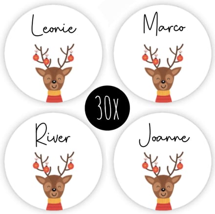 30x Kerst Stickers / Naamstickers | rond | beschrijfbaar | sticker naam | 35 mm | RENDIER