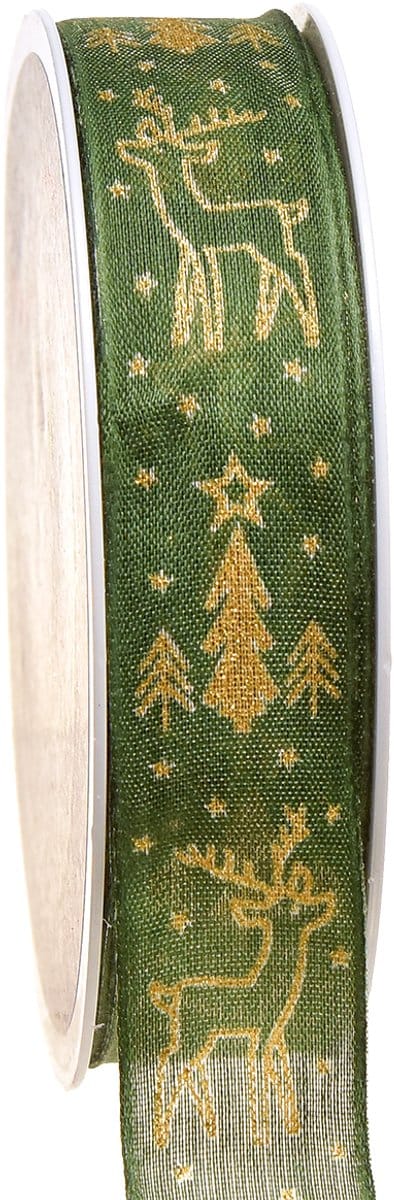 Kerstlint draadrand rendier groen goud B25mm L18m