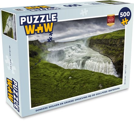 Puzzel Donkere wolken en groene omgeving bij de Gullfoss waterval - Legpuzzel - Puzzel 500 stukjes