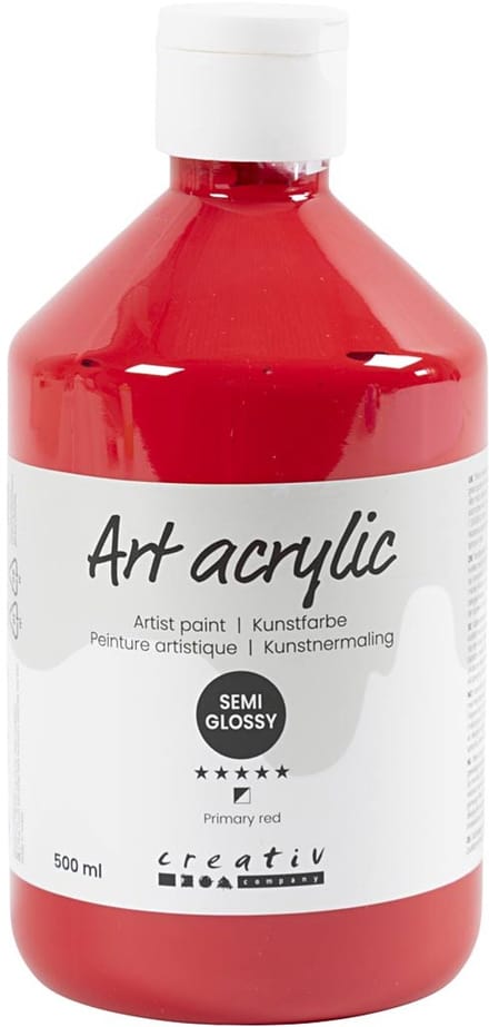 Acryl Verf, semi-glanzend, semi-transparant, primair rood, 500 ml/ 1 fles