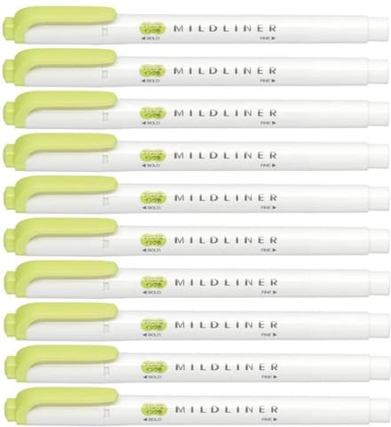 Zebra Mildliner -Sided Highlighter - Fine / Bold – Mild Citrus Green Set van 10 + een Luxe Zipperbag - WKT7-MCG
