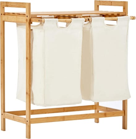 Wasmand met standaard - Kledingopslag mand - Was sorteren - Bamboe frame met plank - 2x 30 liter - Wit