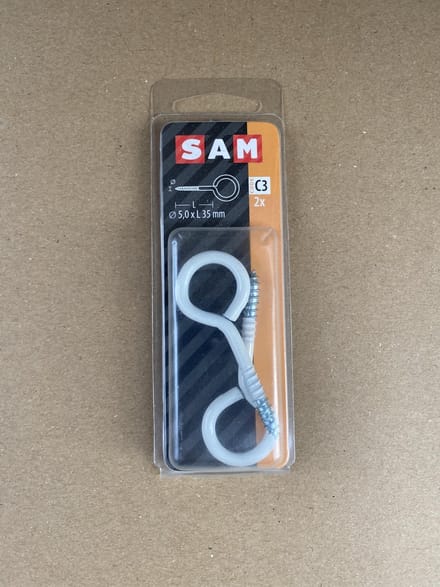 Sam Schroef-Oog. 5,0 x 35 mm.  wit. 2 stuks Schroef-ogen. Waslijn. Hang-Plant.