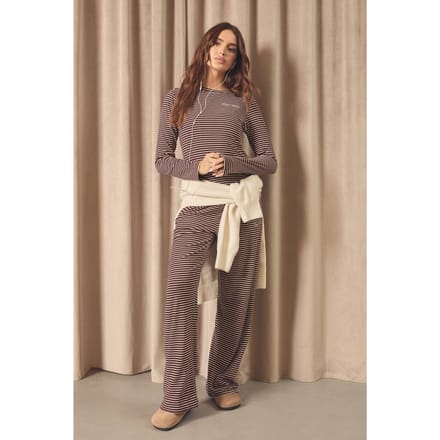 Dames DSGN Studio Gestreepte Fleece Rechte Pijp Broek | Chocoladebruin | Maat: Small
