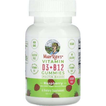 MaryRuth's, Vitamine D3 + B12 gummies, op basis van pectine, framboos, 60 gummies