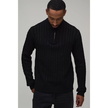Regular Fit 1/4 Zip Cable Knitted Jumper | Black | Size Small
