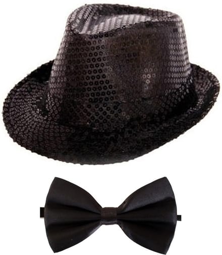 Folat - Verkleedkleding set - Glitter hoed/strikje zwart volwassenen