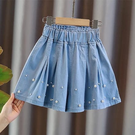 Meisjes denim parel korte rok zomermode plooirok kinderculottes 150 blauw
