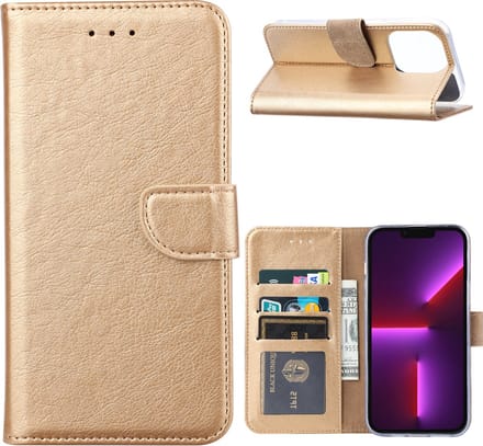 Phreeze Bookcase - Geschikt voor iPhone 15 Plus Hoesje Goud - Met Pasjes Houder - Vegan Leder - Magnetische Sluiting