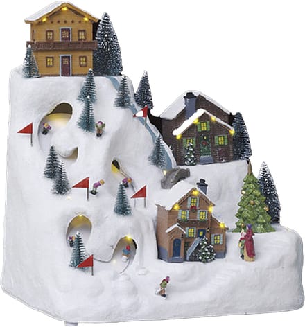 Feeric Christmas Kerstdorp kerst tafereel - skipiste - met verlichting, muziek, beweging - 34,5 cm - polyresin