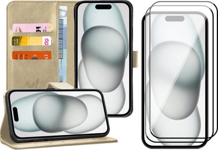 Hoesje geschikt voor iPhone 15 - 2x Screen Protector FullGuard - Book Case Kunstleer Pasjeshouder Goud & Screenprotector