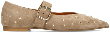 Manfield - Dames - Beige suède loafers met studs - Maat 36