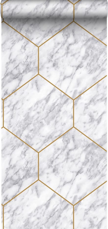 Origin Wallcoverings behang hexagon met marmer effect wit, grijs en goud - 50 x 900 cm - 347808