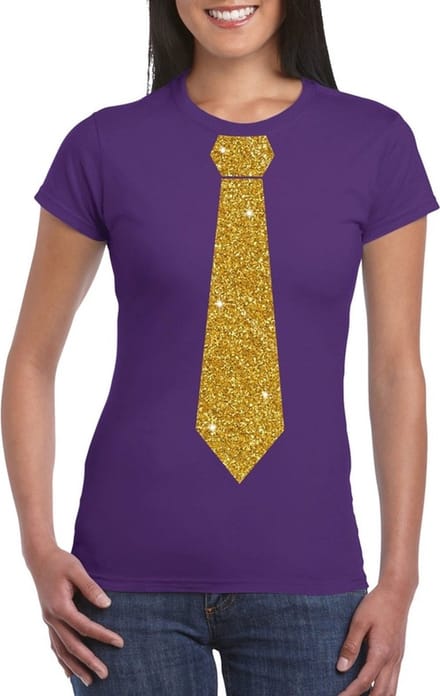 Paars fun verkleed t-shirt - met stropdas - in glitter goud - dames - korte mouwen XXL