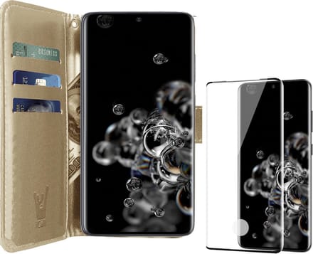 Hoesje geschikt voor Samsung Galaxy S20 Ultra - Screen Protector FullGuard - Book Case Kunstleer Pasjeshouder Goud & Screenprotector
